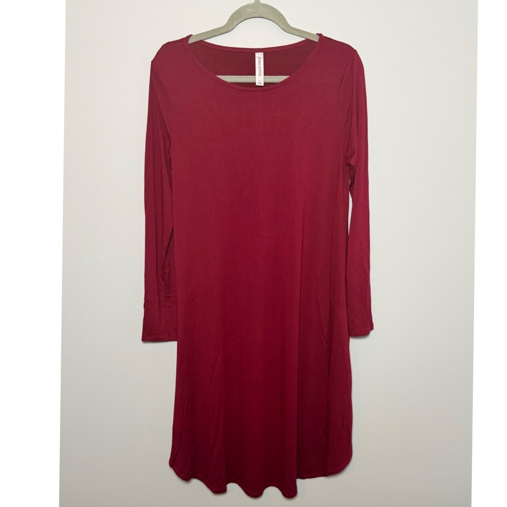 Zenana Outfitters Burgundy Maroon Trapeze Swing Dress Women's L Long Sleeve